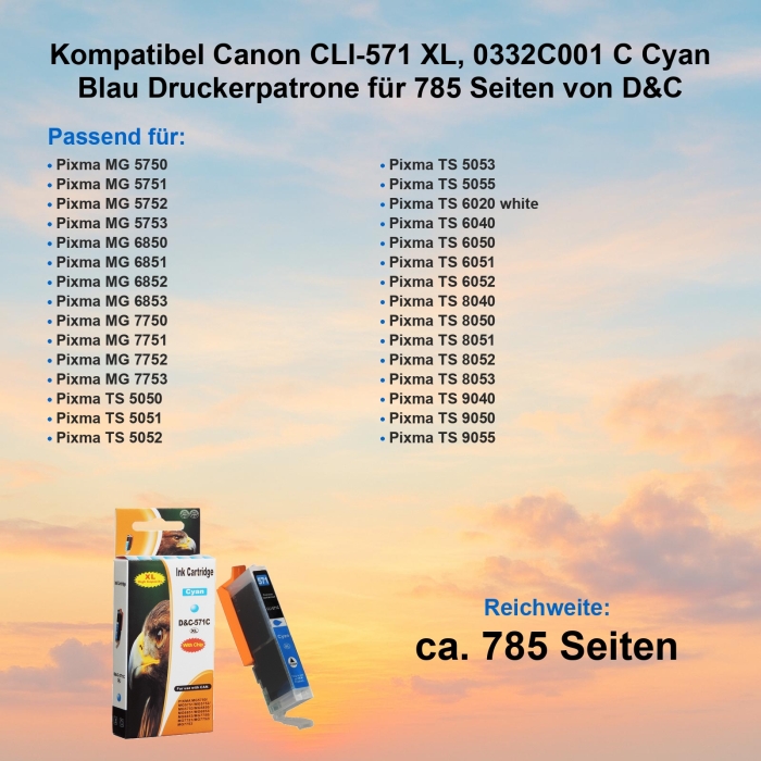 Kompatibel Canon CLI-571 XL, 0332C001 C Cyan Blau Druckerpatrone für 785 Seiten von D&C