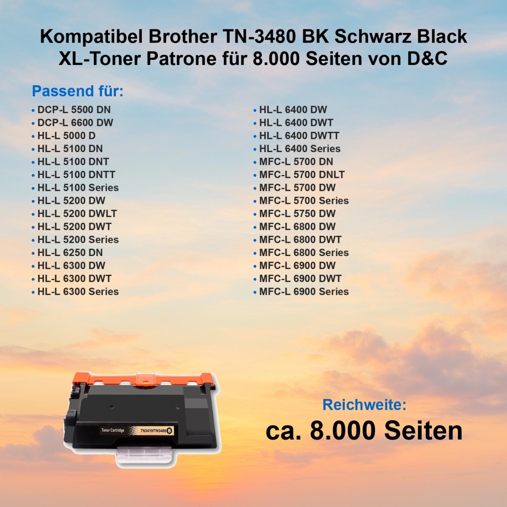 Kompatibel Brother TN-3480 BK Schwarz Black XL-Toner Patrone für 8.000 Seiten von D&C