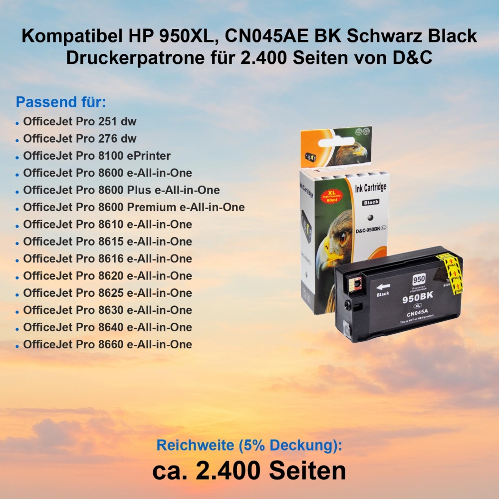 Kompatibel HP 950XL, CN045AE BK Schwarz Black Druckerpatrone für 2.400 Seiten von D&C