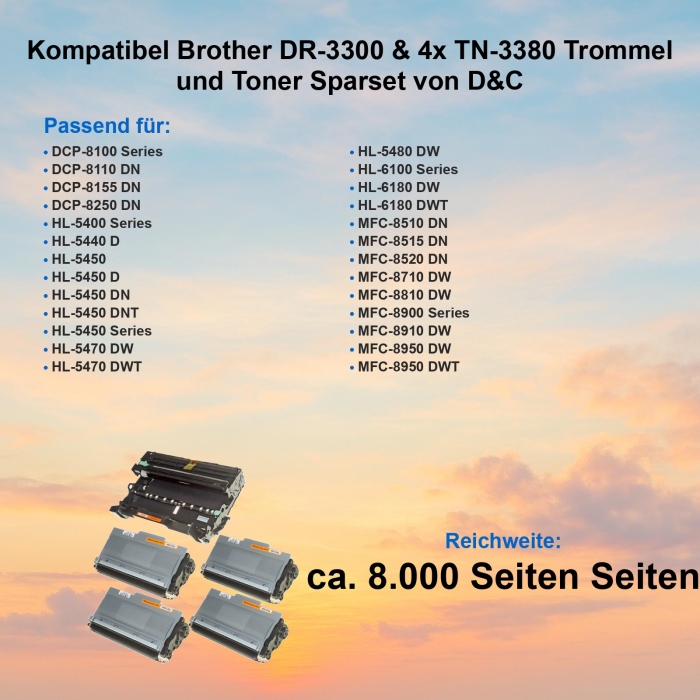Kompatibel Brother DR-3300 & 4x TN-3380 Trommel und Toner Sparset von D&C