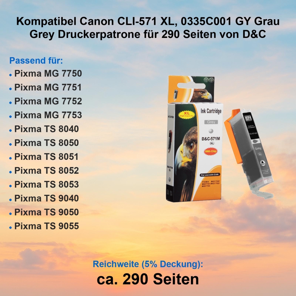 Kompatibel Canon CLI-571 XL, 0335C001 GY Grau Grey Druckerpatrone für 290 Seiten von D&C