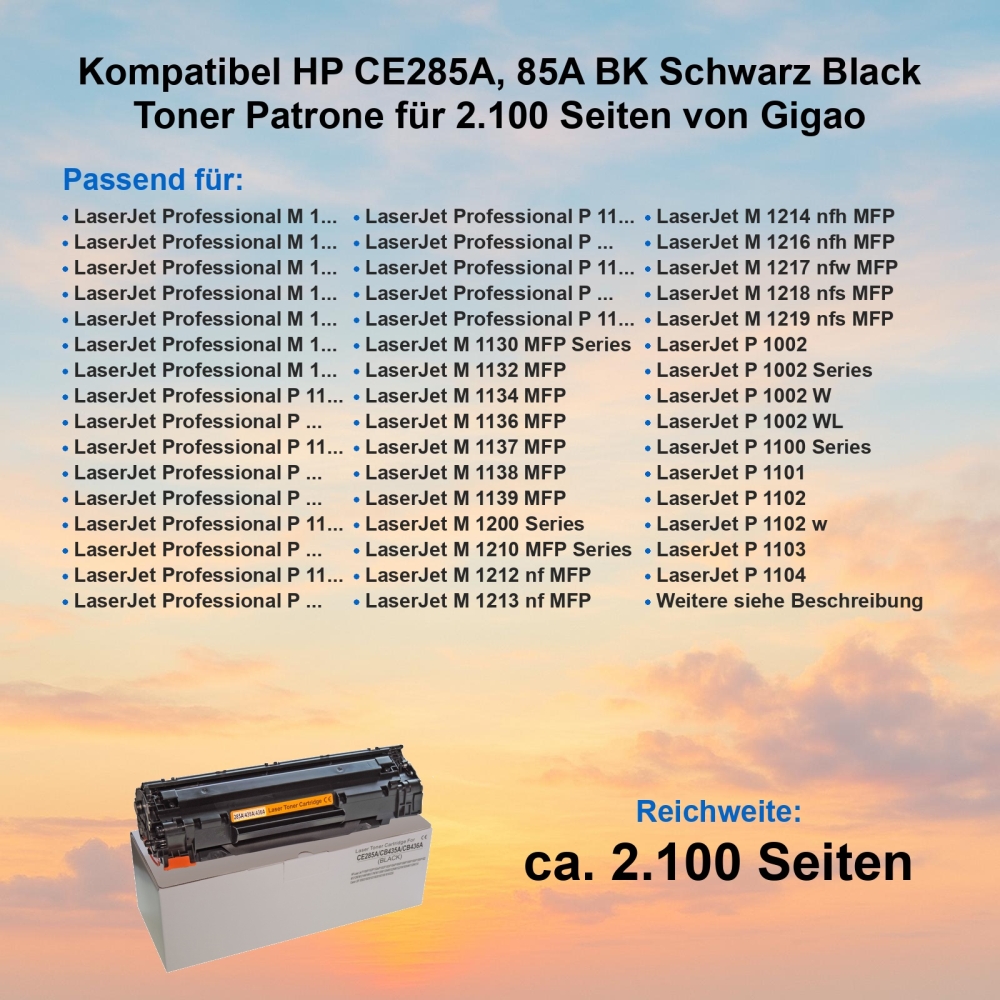 Kompatibel HP CE285A, 85A BK Schwarz Black Toner Patrone für 2.100 Seiten von Gigao
