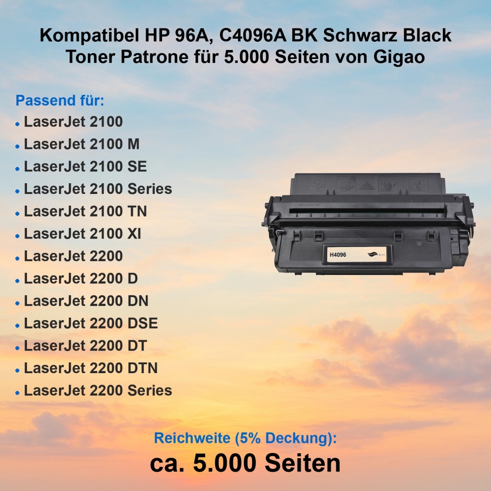 Kompatibel HP 96A, C4096A BK Schwarz Black Toner Patrone für 5.000 Seiten von Gigao