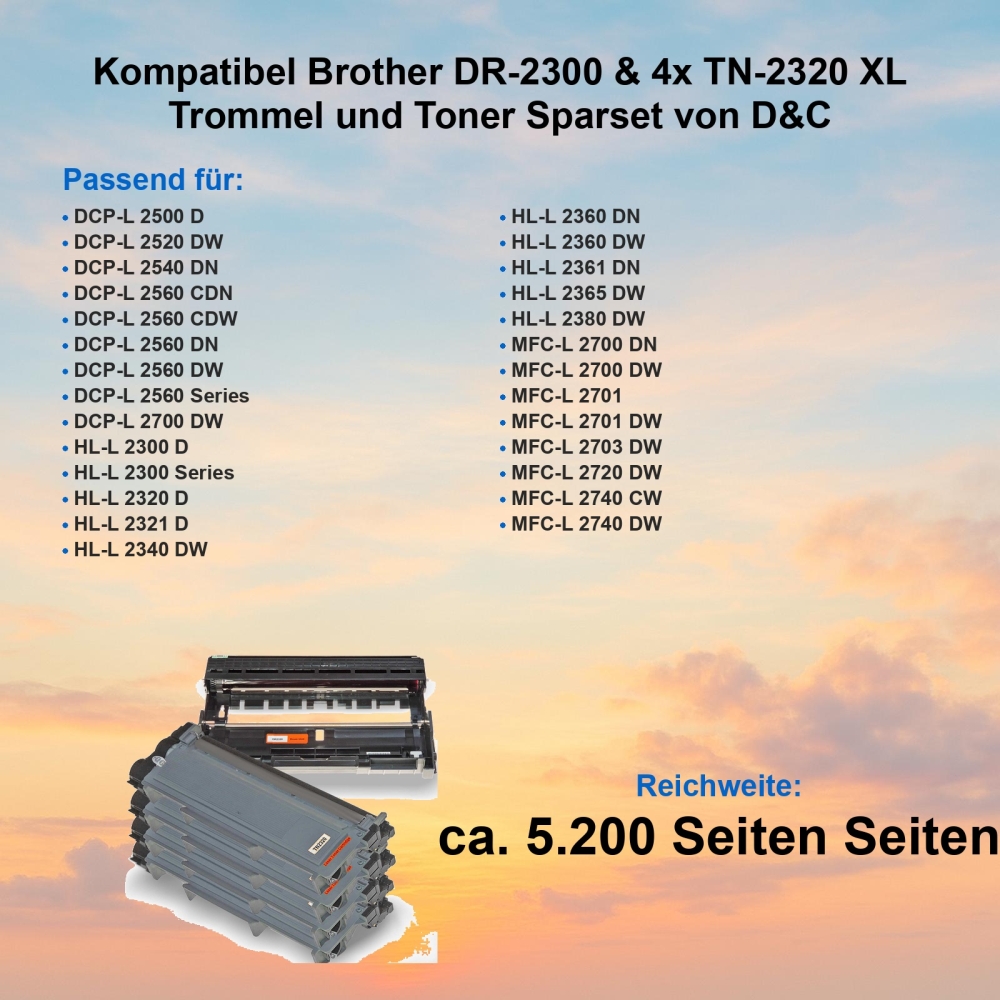 Kompatibel Brother DR-2300 & 4x TN-2320 XL Trommel und Toner Sparset von D&C