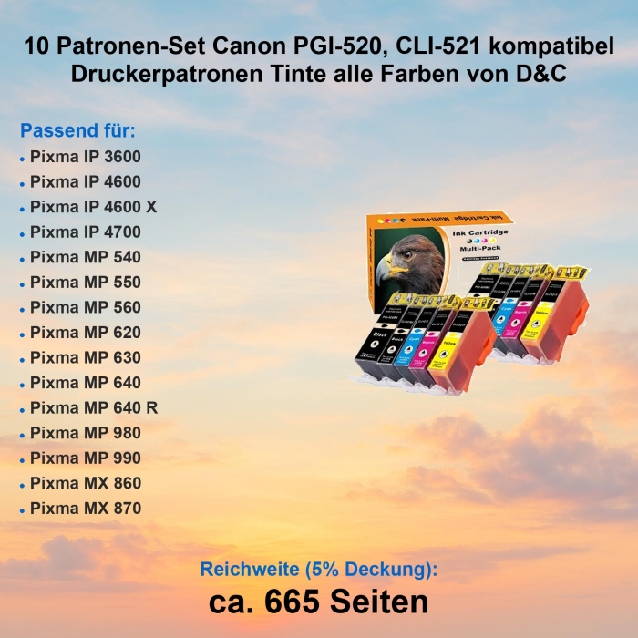 10 Patronen-Set Canon PGI-520, CLI-521 kompatibel...