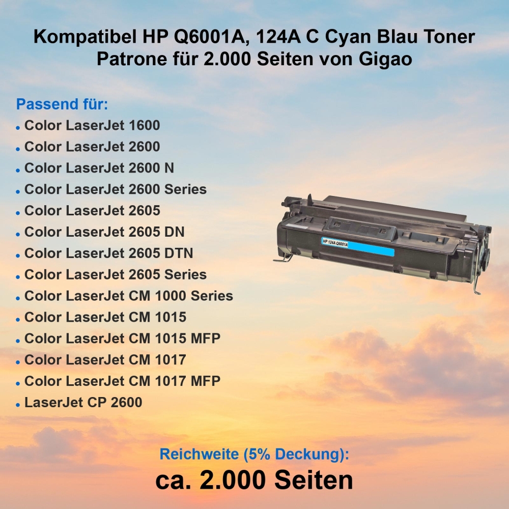 Kompatibel HP Q6001A, 124A C Cyan Blau Toner Patrone für 2.000 Seiten von Gigao