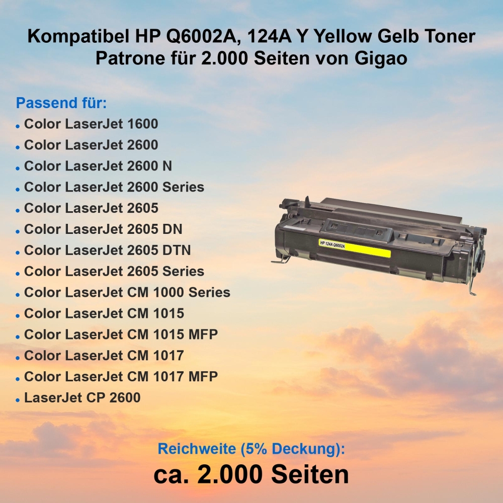 Kompatibel HP Q6002A, 124A Y Yellow Gelb Toner Patrone für 2.000 Seiten von Gigao
