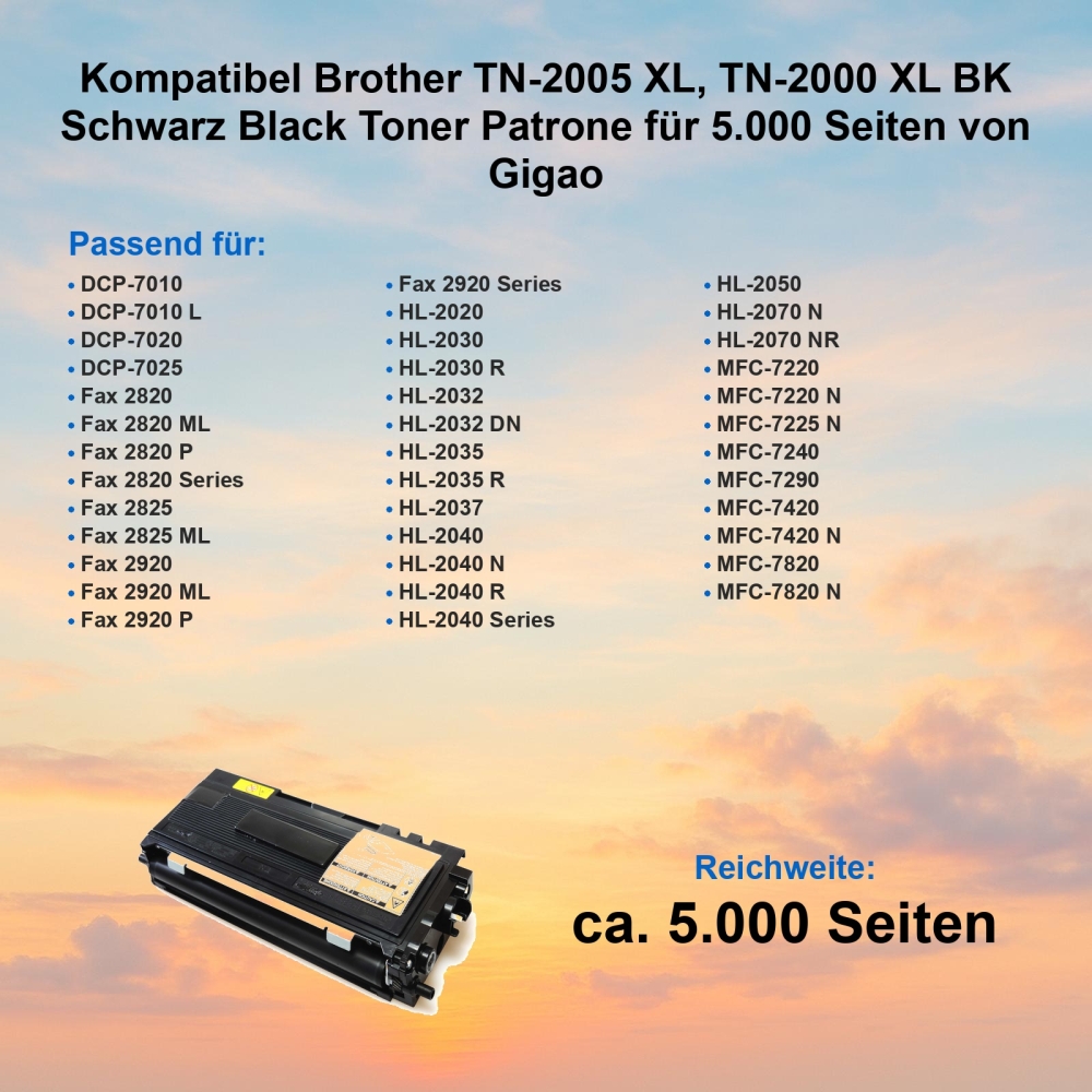 Kompatibel Brother TN-2005 XL, TN-2000 XL BK Schwarz Black Toner Patrone für 5.000 Seiten von Gigao