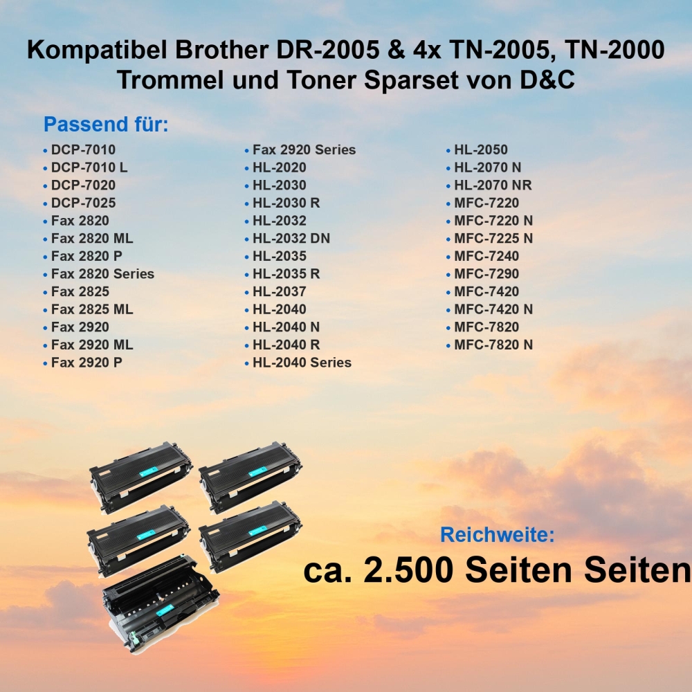 Kompatibel Brother DR-2005 & 4x TN-2005, TN-2000 Trommel und Toner Sparset von D&C