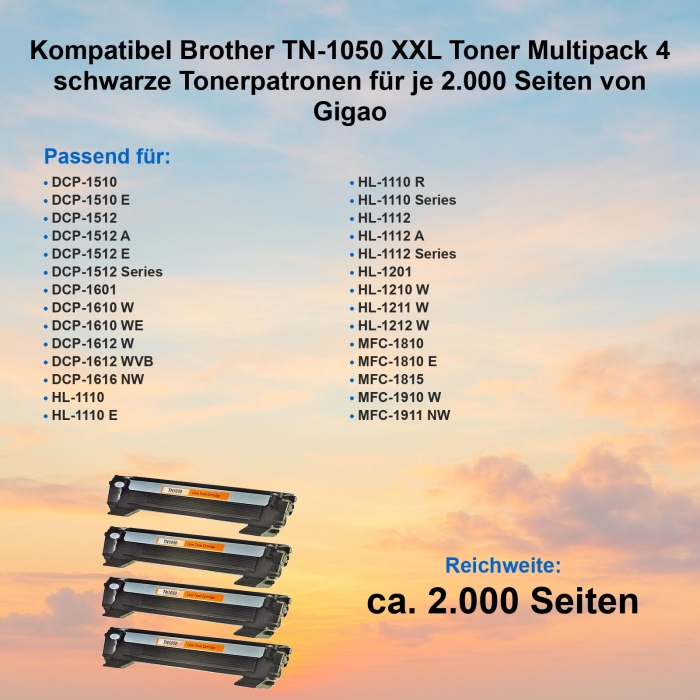Kompatibel Brother TN-1050 XXL Toner Multipack 4 schwarze Tonerpatronen für je 2.000 Seiten von Gigao