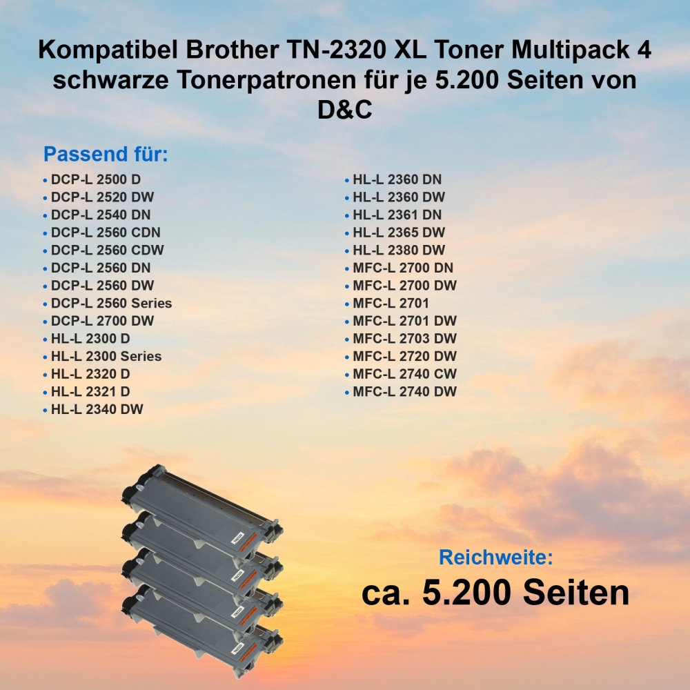 Kompatibel Brother TN-2320 XL Toner Multipack 4 schwarze Tonerpatronen für je 5.200 Seiten von D&C