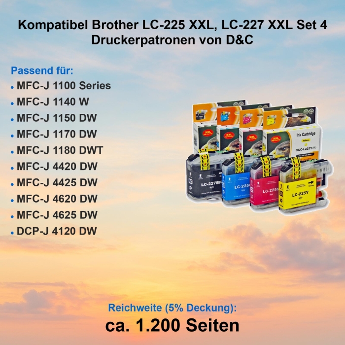 Kompatibel Brother LC-225 XXL, LC-227 XXL Set 4 Druckerpatronen von D&C