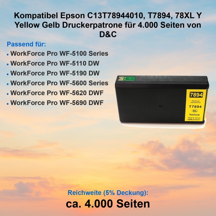 Kompatibel Epson C13T78944010, T7894, 78XL Y Yellow Gelb...