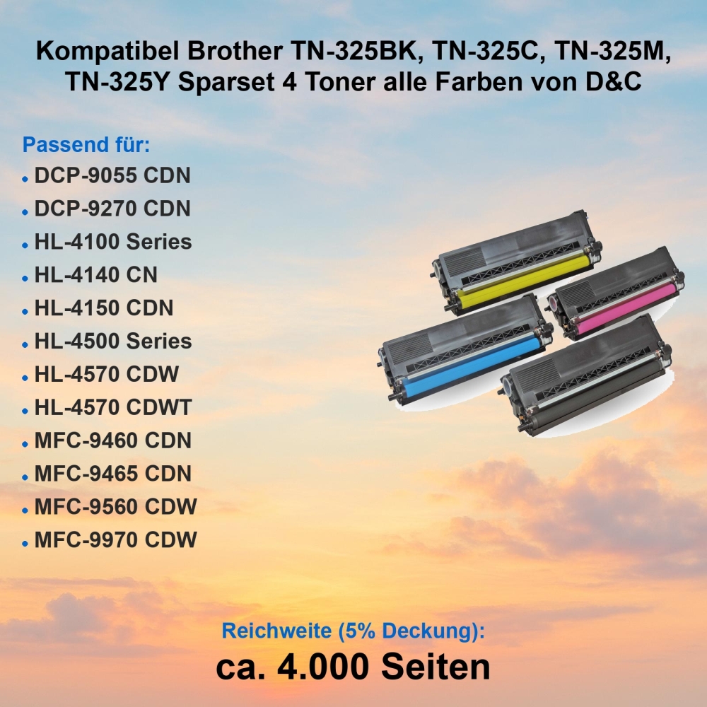 Kompatibel Brother TN-325BK, TN-325C, TN-325M, TN-325Y Sparset 4 Toner alle Farben von D&C