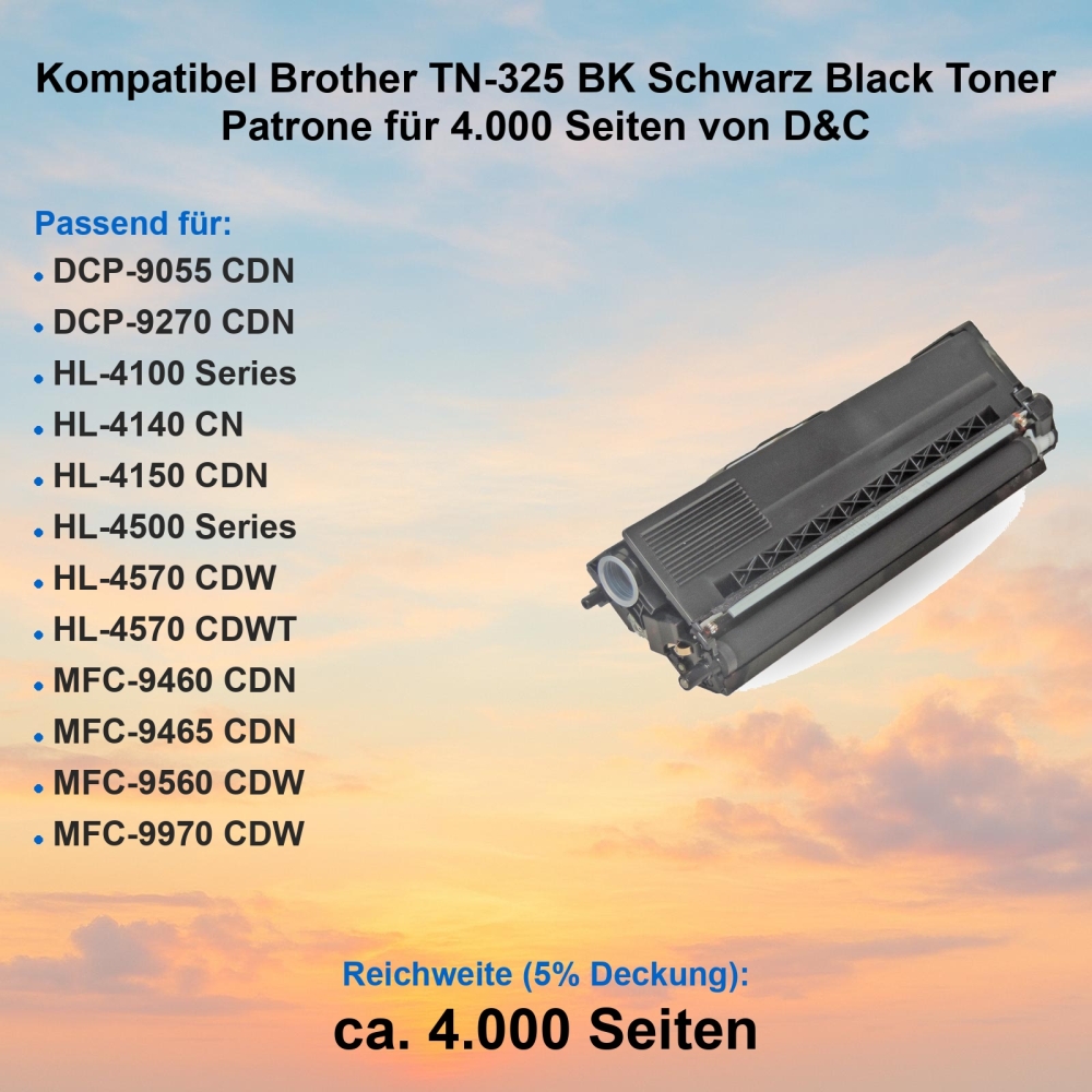 Kompatibel Brother TN-325 BK Schwarz Black Toner Patrone für 4.000 Seiten von D&C
