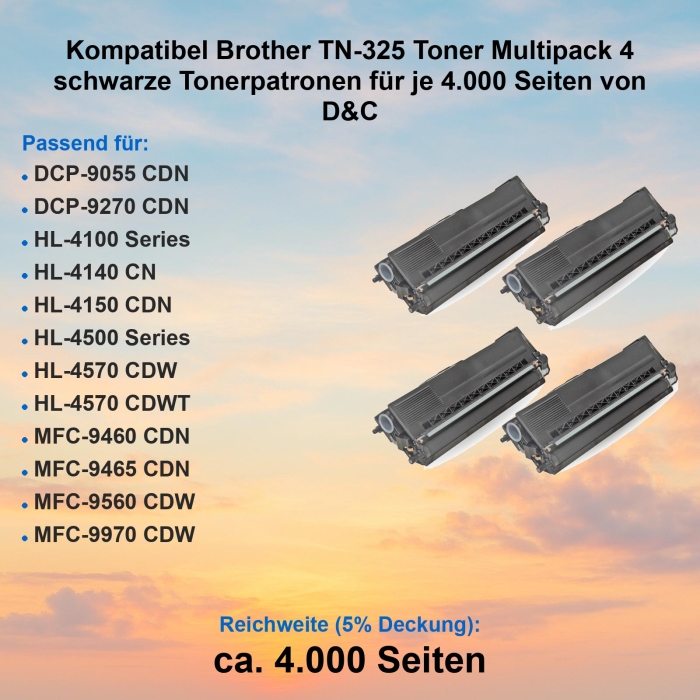 Kompatibel Brother TN-325 Toner Multipack 4 schwarze Tonerpatronen für je 4.000 Seiten von D&C