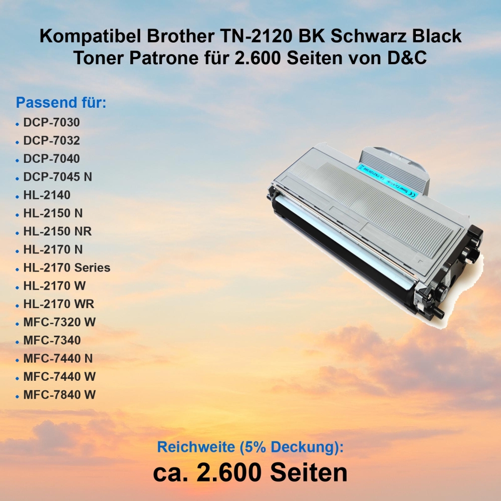 Kompatibel Brother TN-2120 BK Schwarz Black Toner Patrone für 2.600 Seiten von D&C