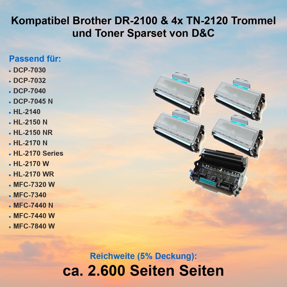 Kompatibel Brother DR-2100 & 4x TN-2120 Trommel und Toner Sparset von D&C