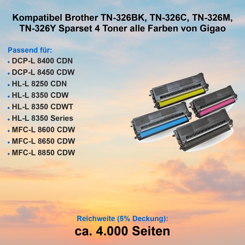 Kompatibel Brother TN-326BK, TN-326C, TN-326M, TN-326Y Sparset 4 Toner alle Farben von Gigao