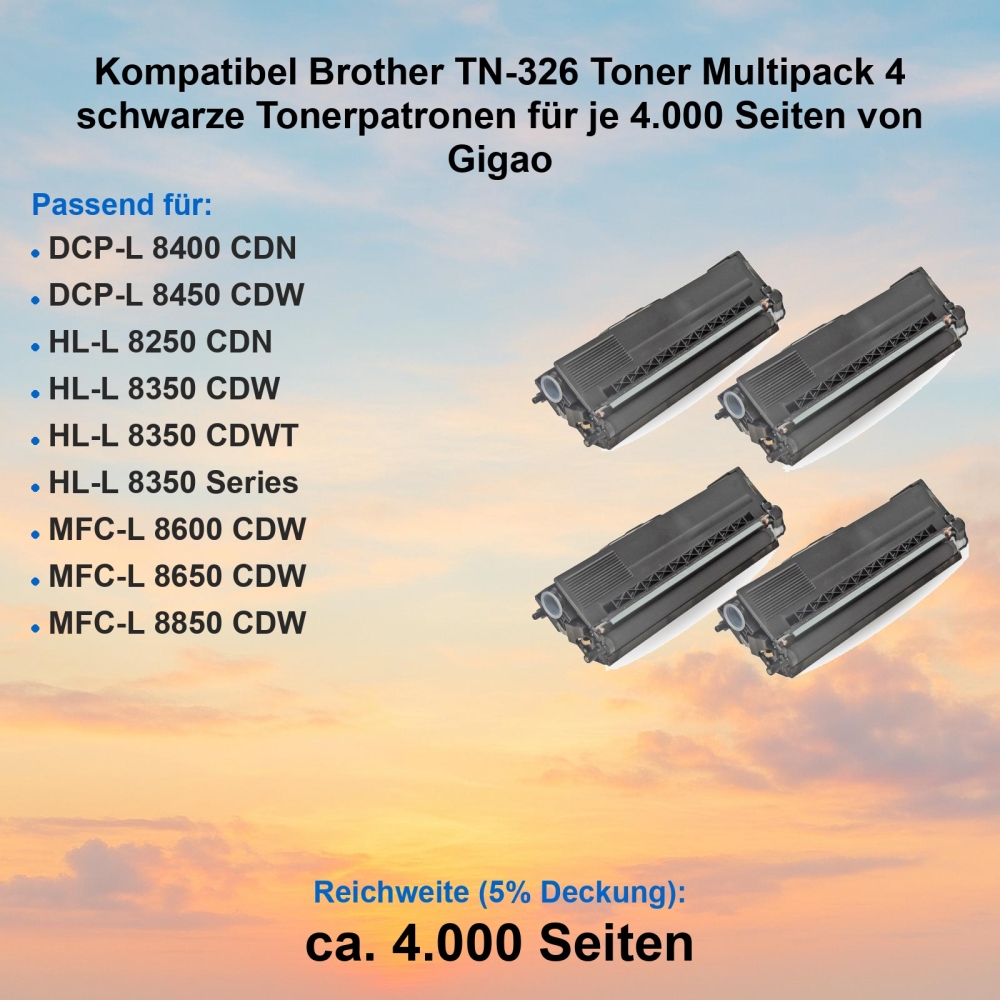 Kompatibel Brother TN-326 Toner Multipack 4 schwarze Tonerpatronen für je 4.000 Seiten von Gigao