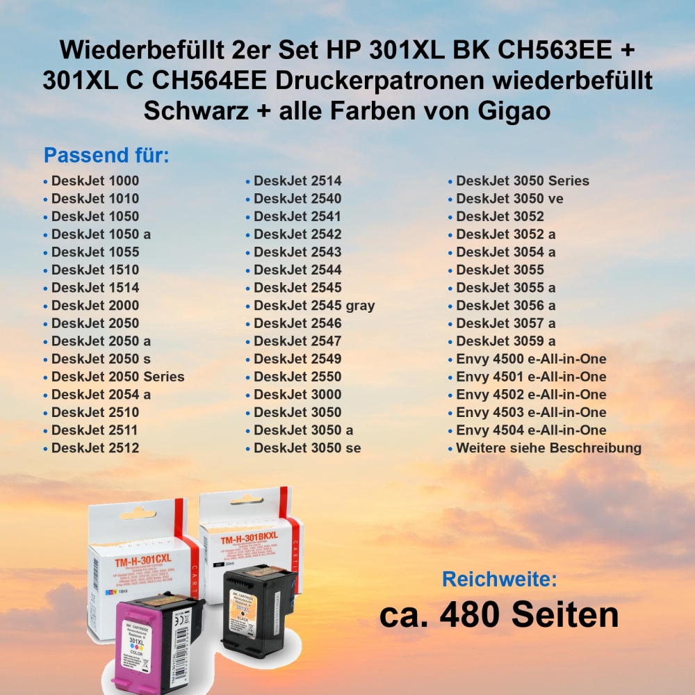 Kompatibel 2er Set HP 301XL BK CH563EE + 301XL C CH564EE Druckerpatronen Schwarz + alle Farben von Gigao