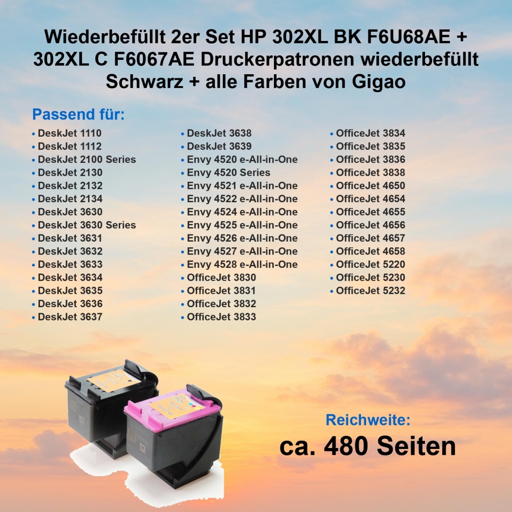 Kompatibel 2er Set HP 302XL BK F6U68AE + 302XL C F6067AE Druckerpatronen Schwarz + alle Farben von Gigao