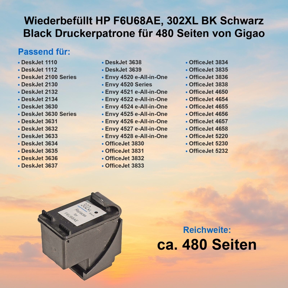 Kompatibel HP F6U68AE, 302XL BK Schwarz Black Druckerpatrone für 480 Seiten von Gigao