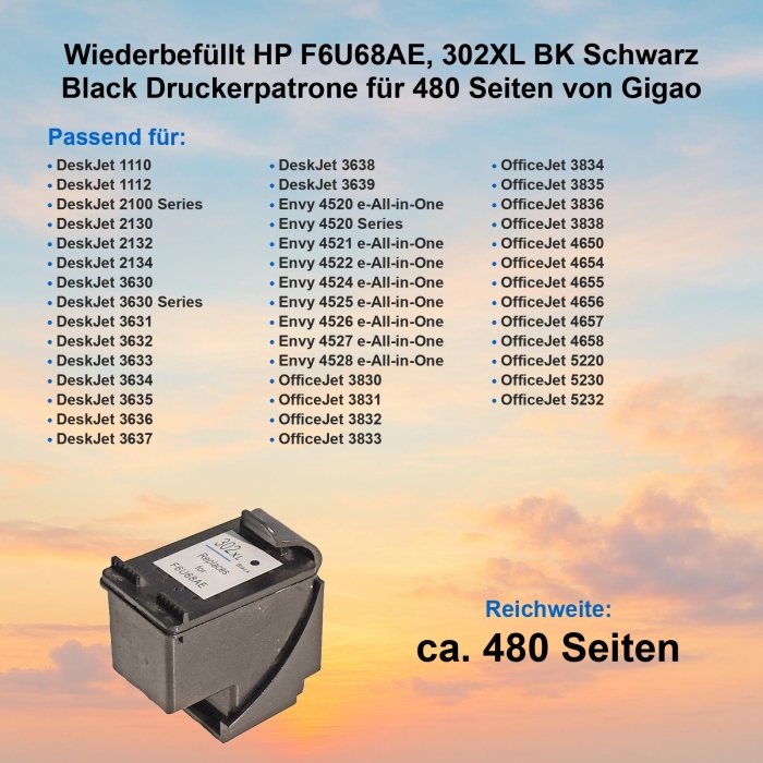 Kompatibel HP F6U68AE, 302XL BK Schwarz Black...