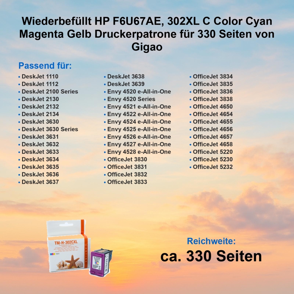 Wiederbefüllt HP F6U67AE, 302XL C Color Cyan Magenta Gelb Druckerpatrone für 330 Seiten von Gigao