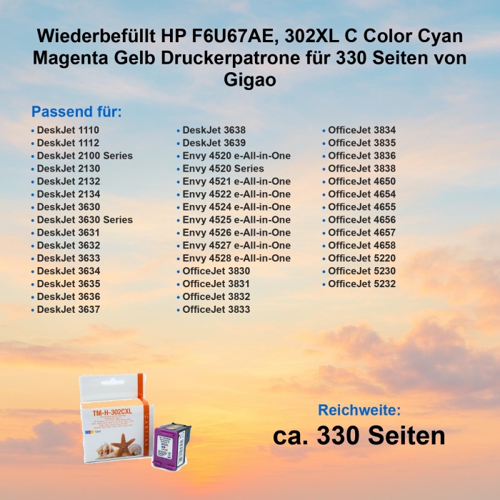 Wiederbefüllt HP F6U67AE, 302XL C Color Cyan Magenta Gelb Druckerpatrone für 330 Seiten von Gigao