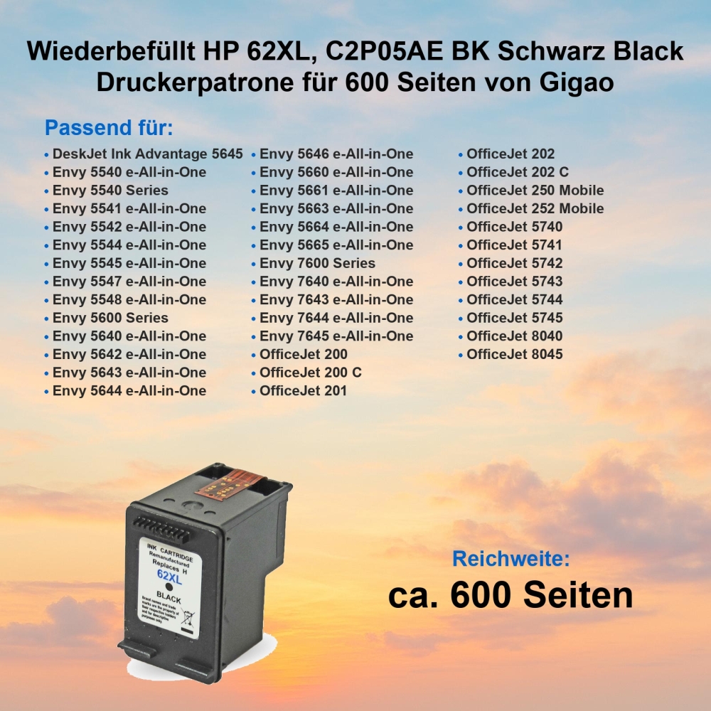 Kompatibel HP 62XL, C2P05AE BK Schwarz Black Druckerpatrone für 600 Seiten von Gigao
