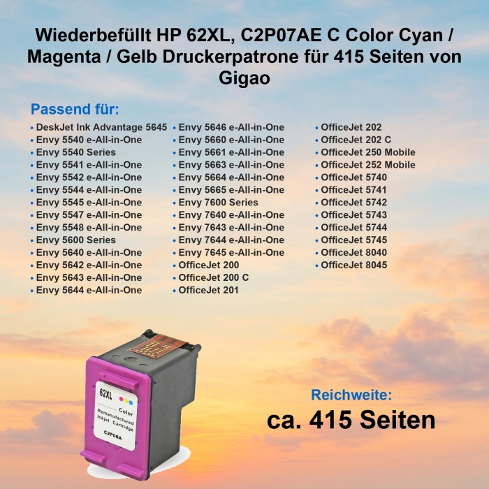 Kompatibel HP 62XL, C2P07AE C Color Cyan / Magenta / Gelb Druckerpatrone für 415 Seiten von Gigao