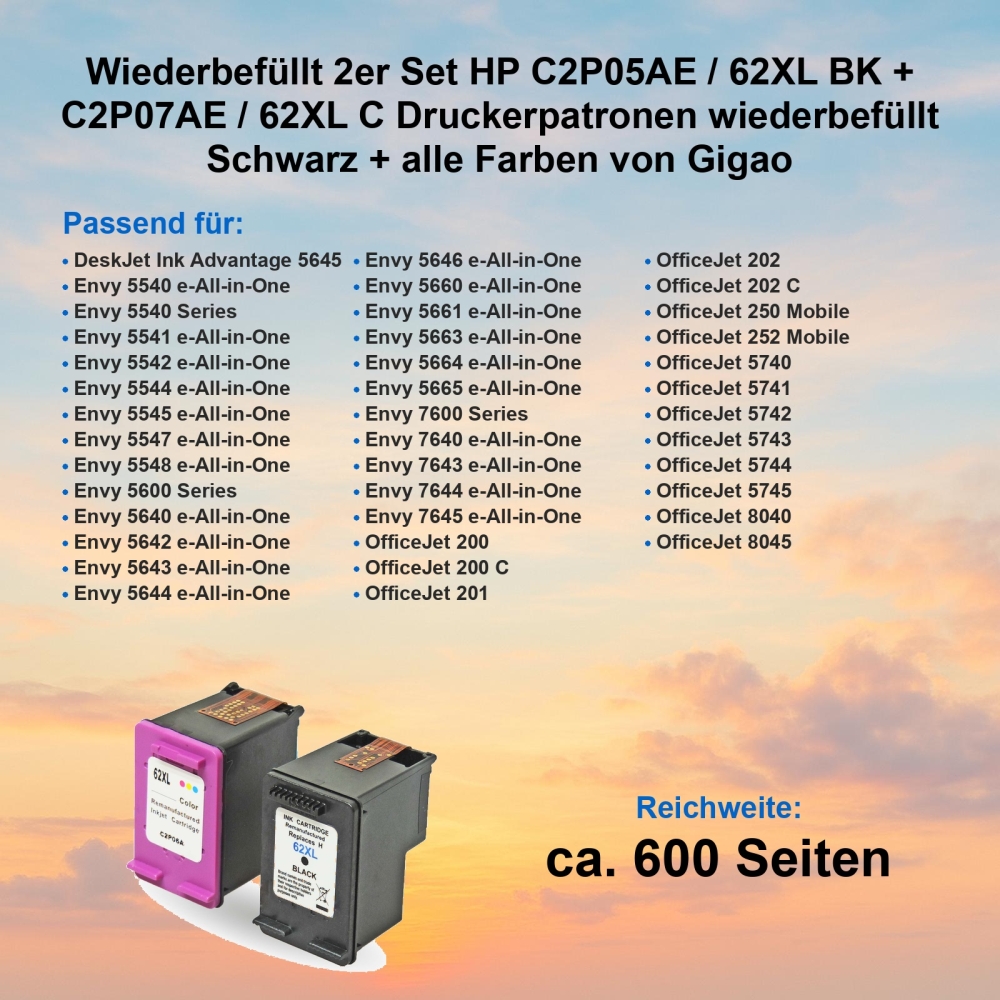 Kompatibel 2er Set HP C2P05AE / 62XL BK + C2P07AE / 62XL C Druckerpatronen Schwarz + alle Farben von Gigao