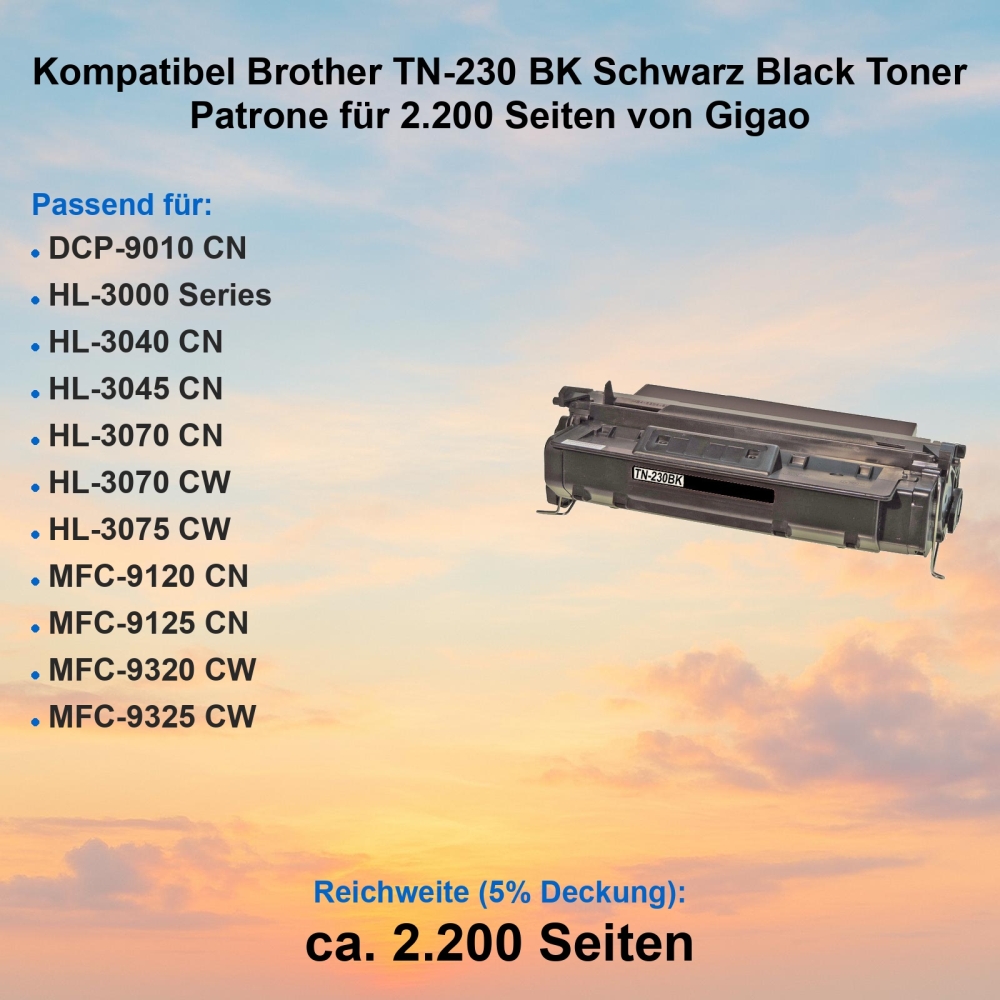 Kompatibel Brother TN-230 BK Schwarz Black Toner Patrone für 2.200 Seiten von Gigao