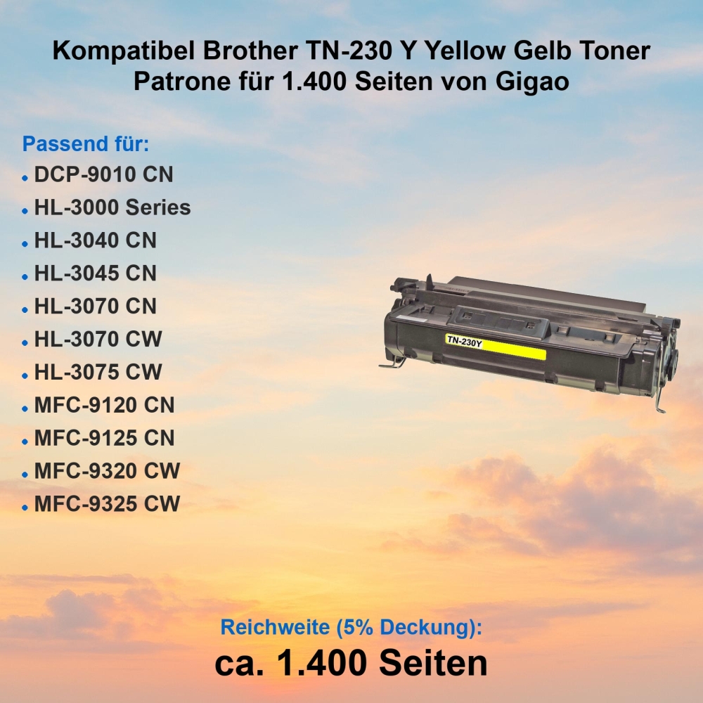 Kompatibel Brother TN-230 Y Yellow Gelb Toner Patrone für 1.400 Seiten von Gigao