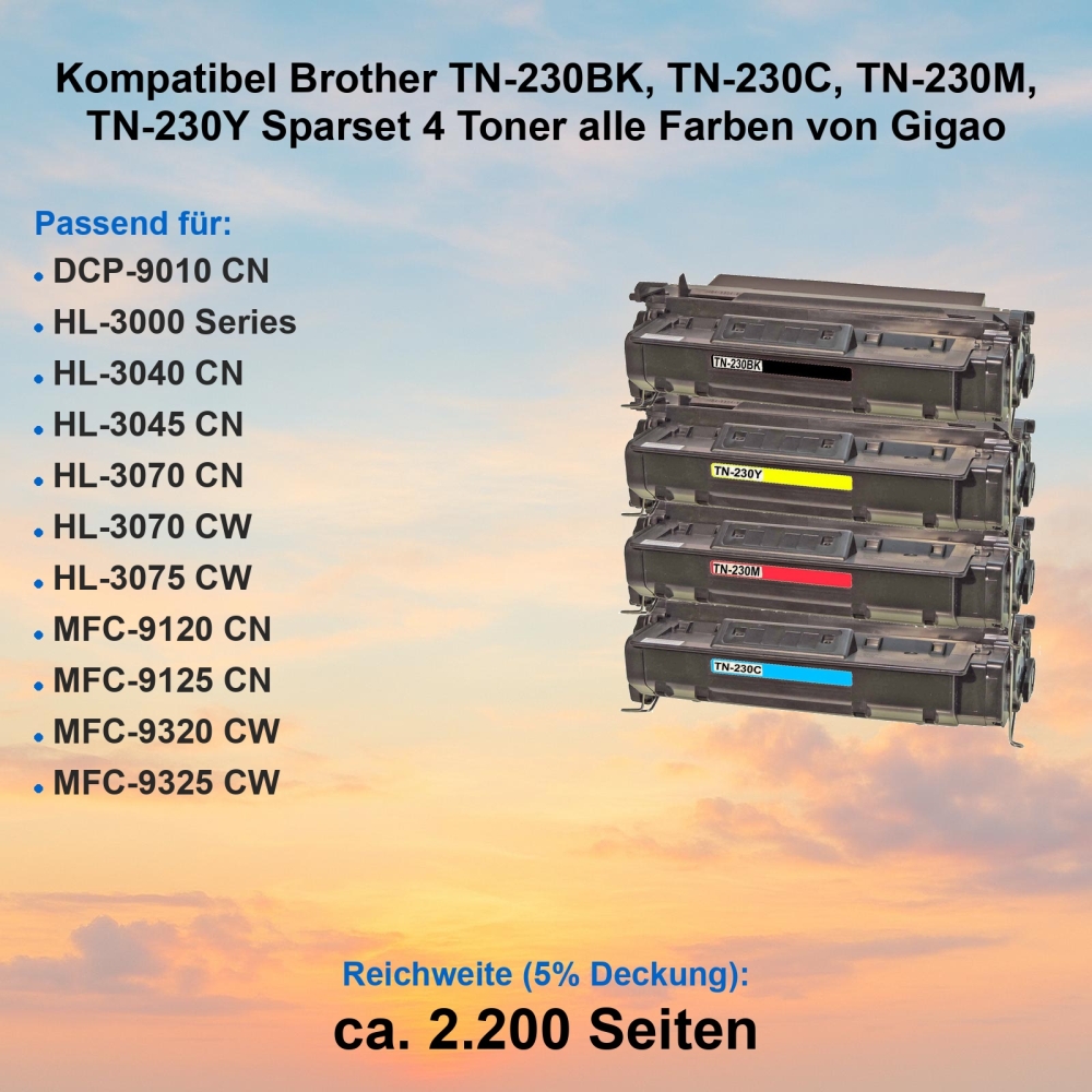 Kompatibel Brother TN-230BK, TN-230C, TN-230M, TN-230Y Sparset 4 Toner alle Farben von Gigao