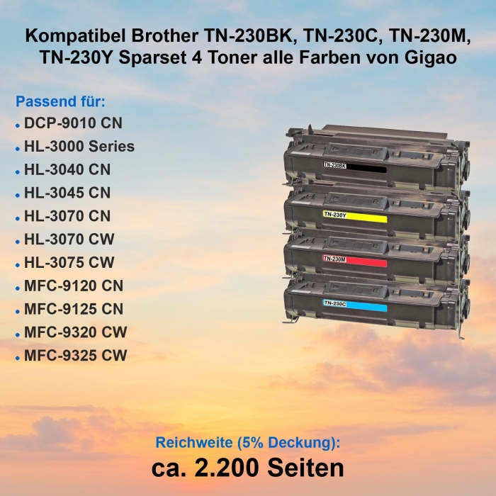 Kompatibel Brother TN-230BK, TN-230C, TN-230M, TN-230Y Sparset 4 Toner alle Farben von Gigao