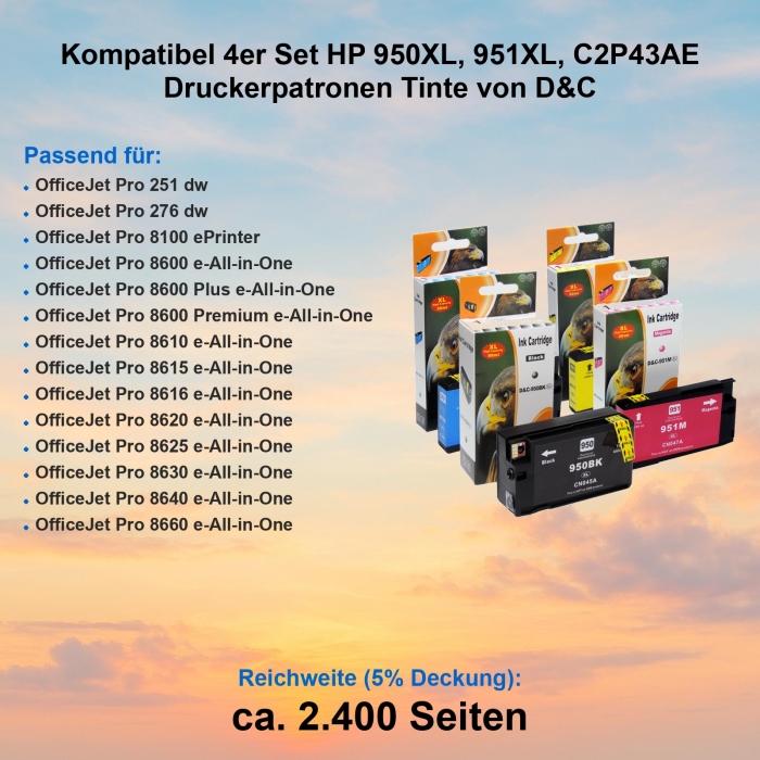 Kompatibel 4er Set HP 950XL, 951XL, C2P43AE Druckerpatronen Tinte von D&C