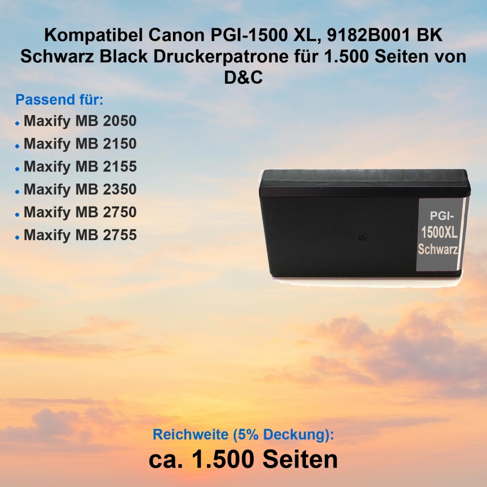 Kompatibel Canon PGI-1500 XL, 9182B001 BK Schwarz Black Druckerpatrone für 1.500 Seiten von D&C