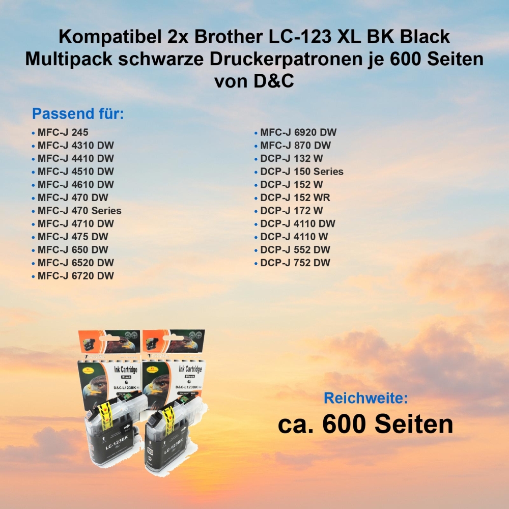 Kompatibel 2x Brother LC-123 XL BK Black Multipack schwarze Druckerpatronen je 600 Seiten von D&C