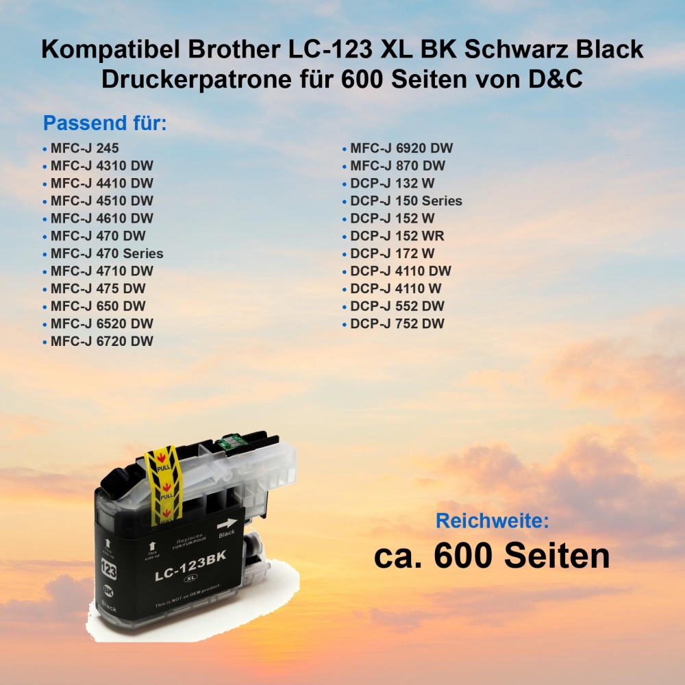 Kompatibel Brother LC-123 XL BK Schwarz Black Druckerpatrone für 600 Seiten von D&C