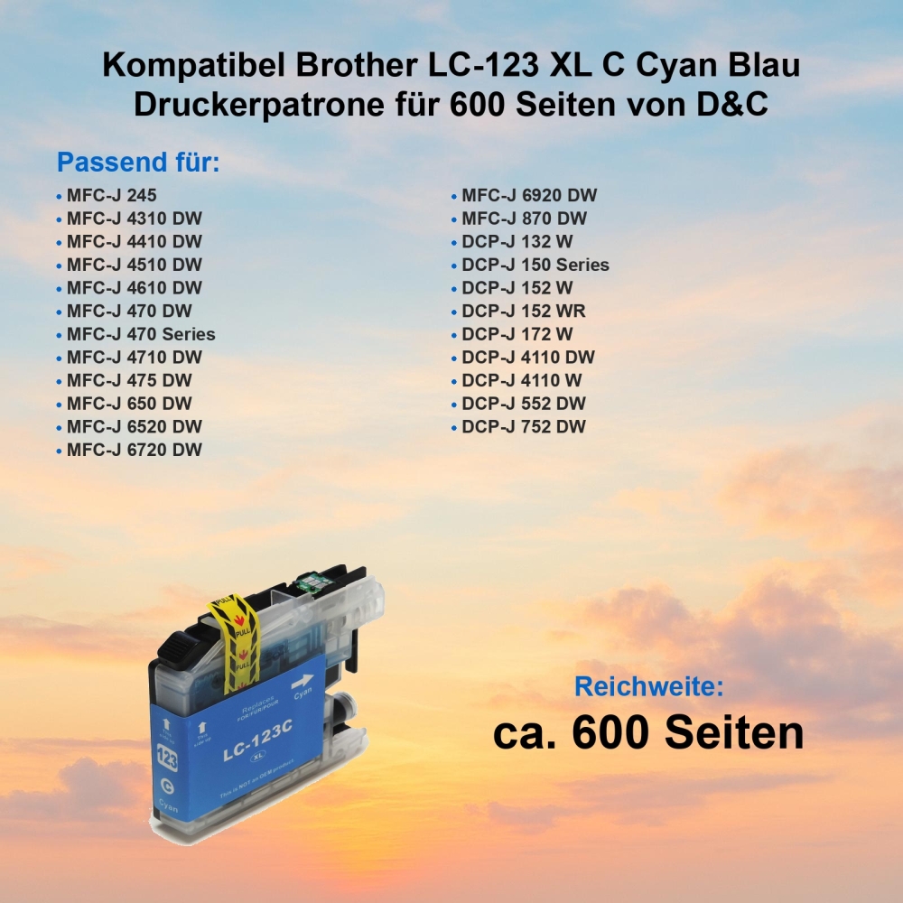 Kompatibel Brother LC-123 XL C Cyan Blau Druckerpatrone für 600 Seiten von D&C