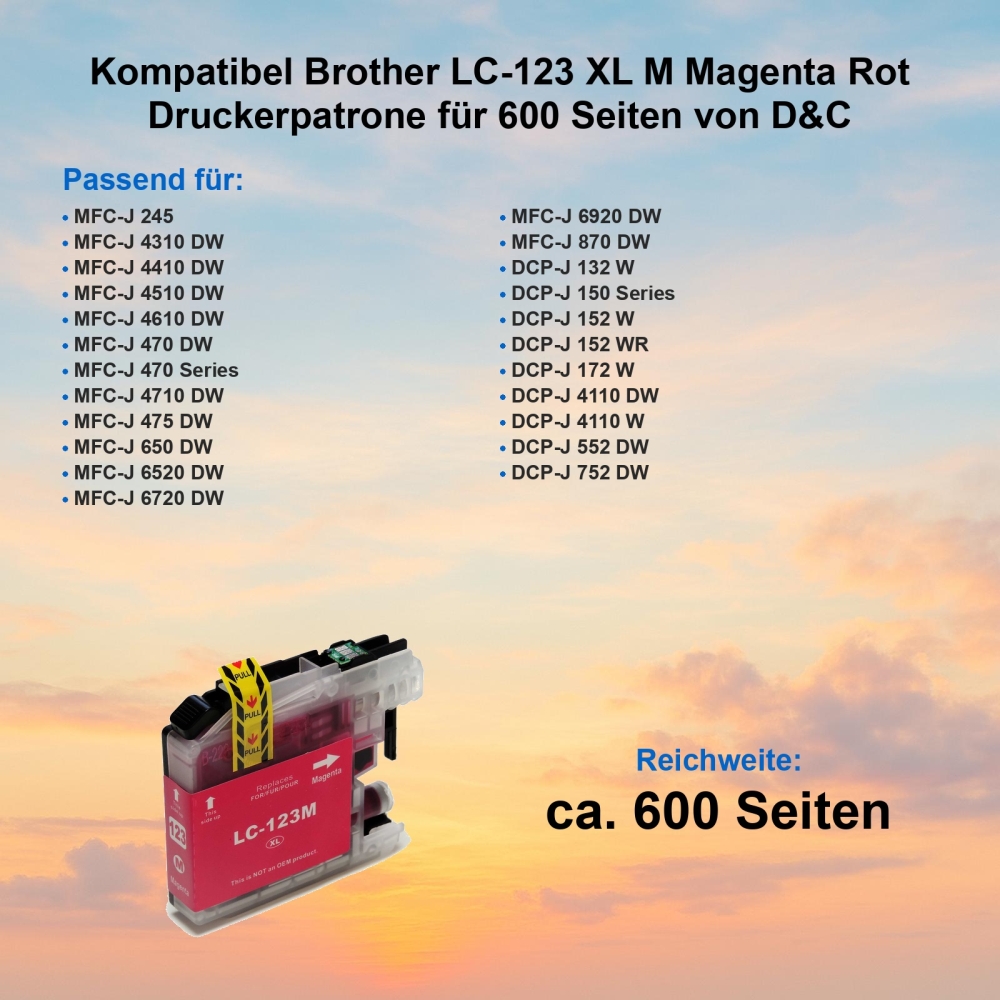 Kompatibel Brother LC-123 XL M Magenta Rot Druckerpatrone für 600 Seiten von D&C