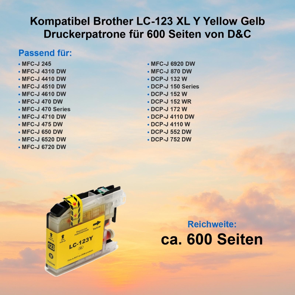 Kompatibel Brother LC-123 XL Y Yellow Gelb Druckerpatrone für 600 Seiten von D&C