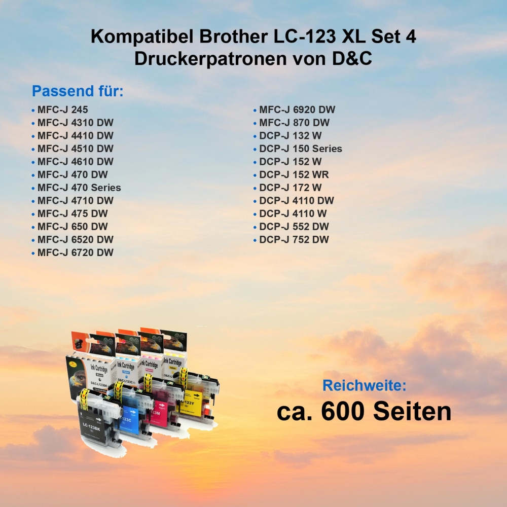 Kompatibel Brother LC-123 XL Set 4 Druckerpatronen von D&C