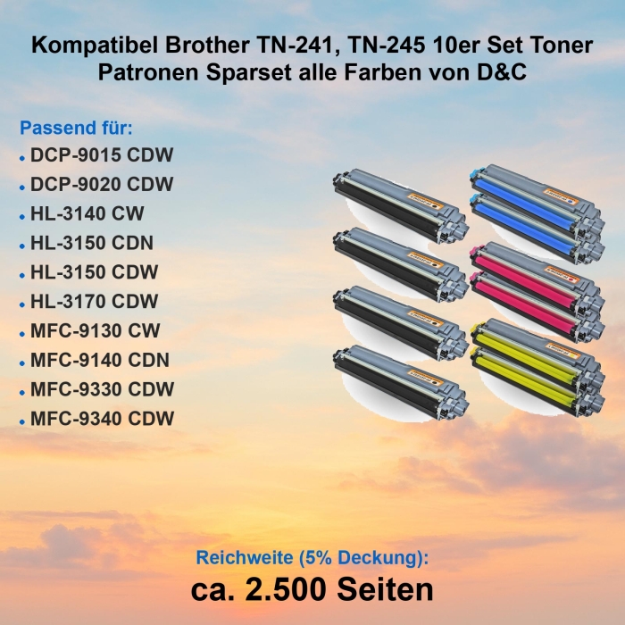 Kompatibel Brother TN-241, TN-245 10er Set Toner Patronen Sparset alle Farben von D&C
