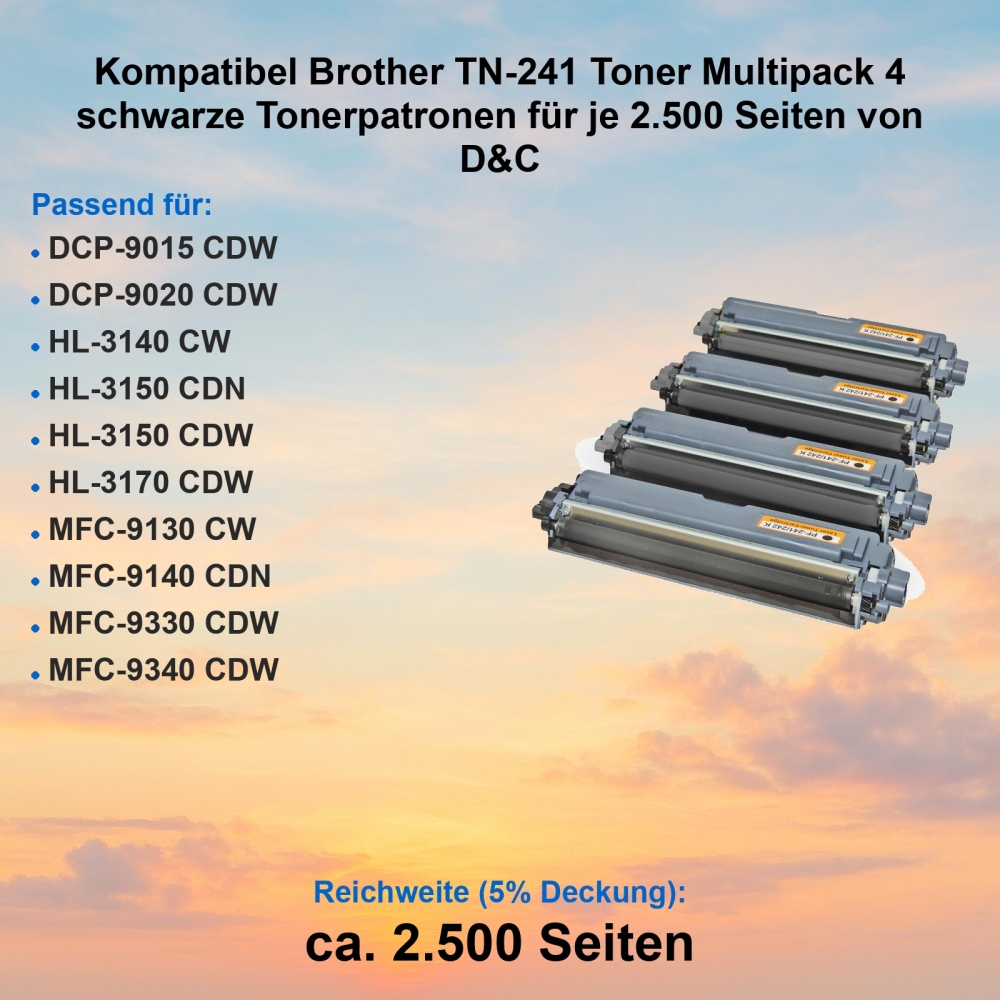 Kompatibel Brother TN-241BK Toner Multipack 4 schwarze Tonerpatronen für je 2.500 Seiten von D&C