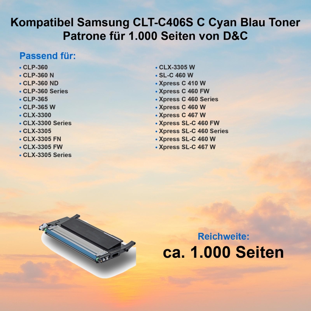 Kompatibel Samsung CLT-C406S C Cyan Blau Toner Patrone für 1.000 Seiten von D&C