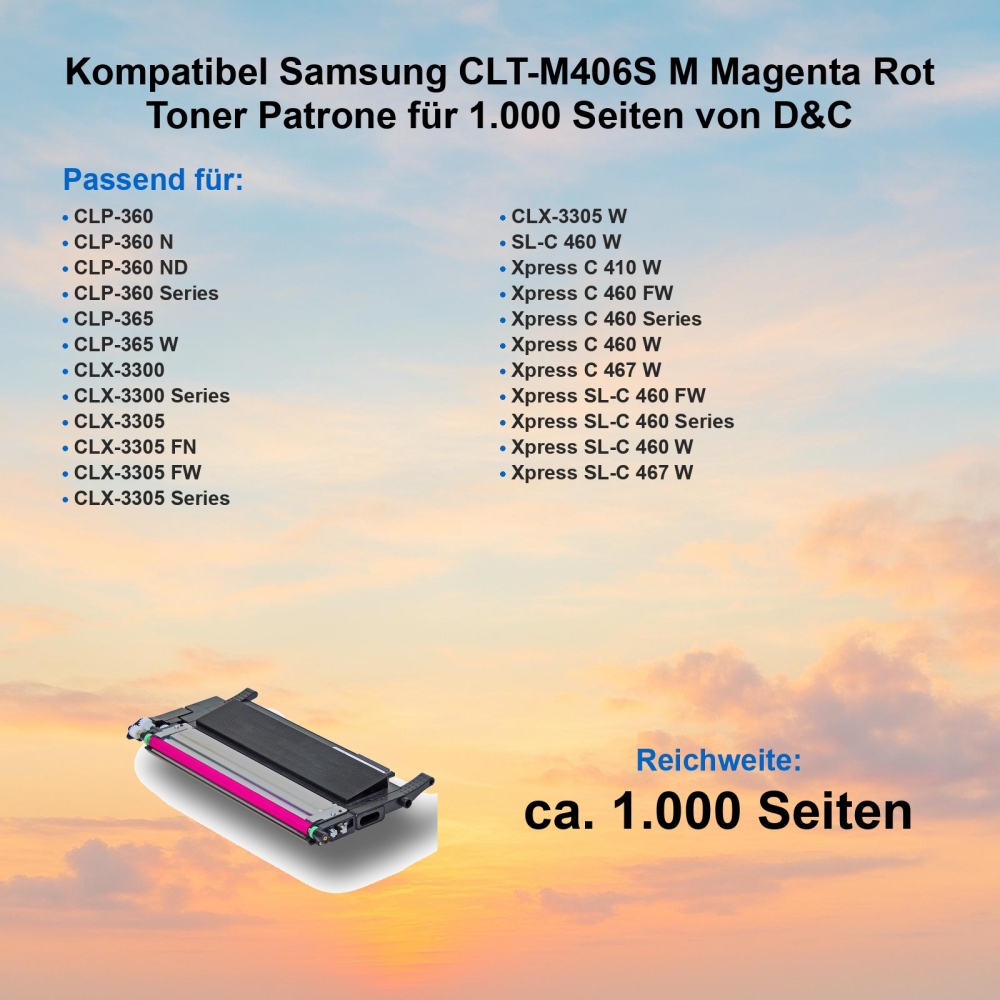 Kompatibel Samsung CLT-M406S M Magenta Rot Toner Patrone für 1.000 Seiten von D&C