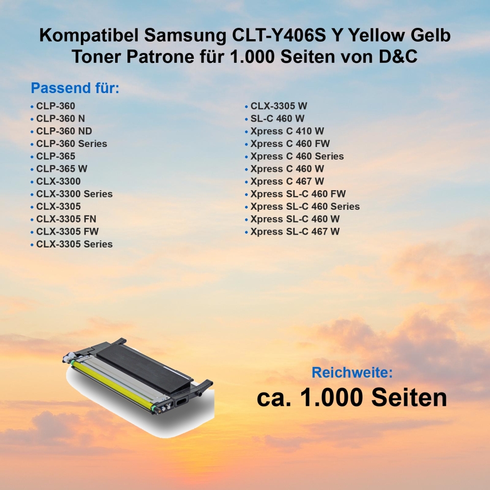 Kompatibel Samsung CLT-Y406S Y Yellow Gelb Toner Patrone für 1.000 Seiten von D&C